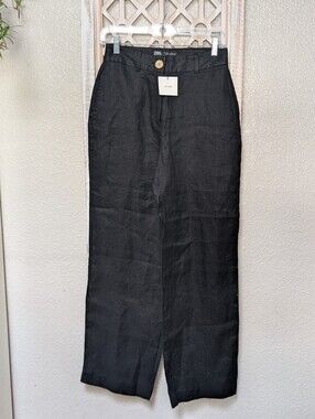 NWT Zara Womens Small Pants Black 100% Linen Wide-Leg Pockets Sheer Swim Beach